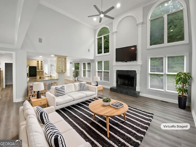 4345 Park Brooke Trce, Johns Creek, GA 30022 - living area featuring a high ceiling, a fireplace, wood finished floors, a ceiling fan, and recessed lighting