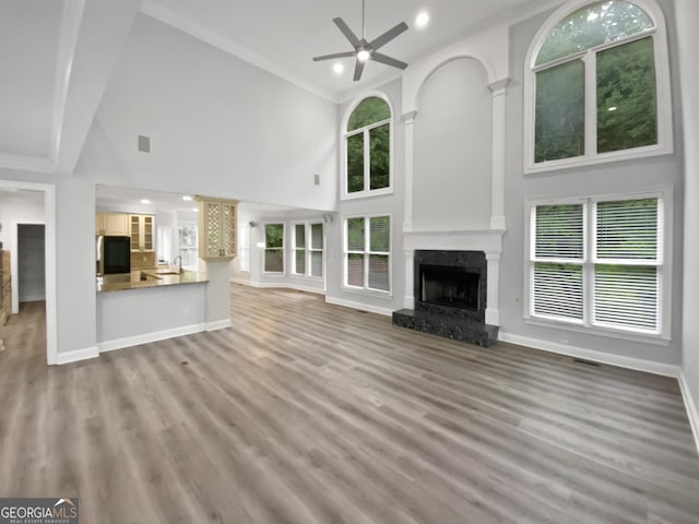 4345 Park Brooke Trce, Johns Creek, GA 30022 - unfurnished living room featuring a high ceiling, a ceiling fan, a high end fireplace, wood finished floors, and recessed lighting