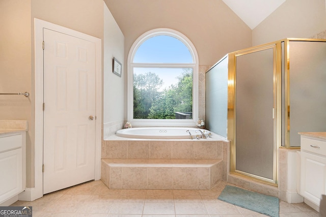 1640 Settindown Dr, Roswell, GA 30075 - full bathroom with a bath, a shower stall, vanity, lofted ceiling, and tile patterned floors