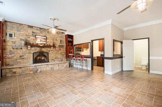 1640 Settindown Dr, Roswell, GA 30075 - unfurnished living room with ceiling fan, a fireplace, and ornamental molding