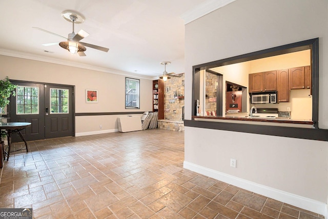 1640 Settindown Dr, Roswell, GA 30075 - unfurnished living room featuring a ceiling fan, baseboards, ornamental molding, and a sink