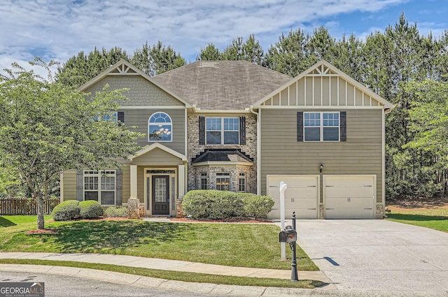 349 Pennant Ln, Fairburn, GA 30213 - craftsman inspired home with a garage, driveway, and stone siding