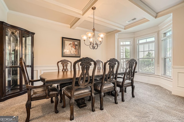 349 Pennant Ln, Fairburn, GA 30213 - dining area featuring coffered ceiling, a decorative wall, ornamental molding, beam ceiling, and light carpet