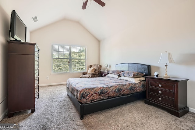 349 Pennant Ln, Fairburn, GA 30213 - carpeted bedroom featuring vaulted ceiling, baseboards, and ceiling fan