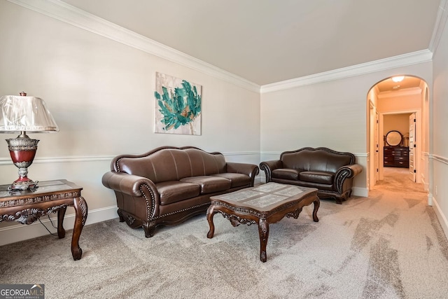 349 Pennant Ln, Fairburn, GA 30213 - carpeted living area with arched walkways, crown molding, and baseboards