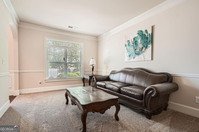 349 Pennant Ln, Fairburn, GA 30213 - living room featuring carpet floors, ornamental molding, baseboards, and arched walkways