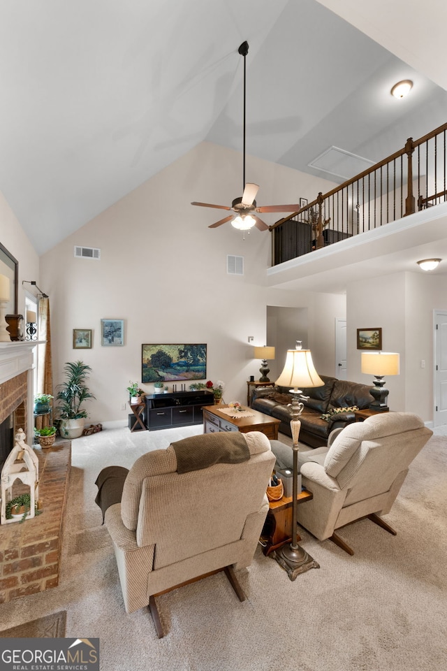 carpeted living area with high vaulted ceiling, a fireplace, and ceiling fan