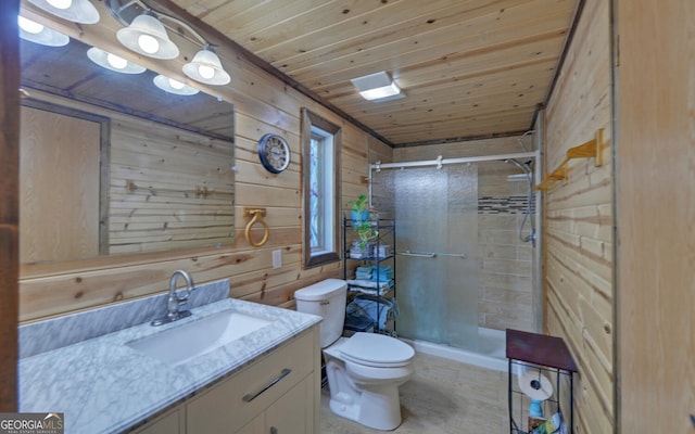 full bathroom featuring a stall shower, wood ceiling, wood walls, vanity, and toilet