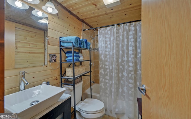 bathroom with wood ceiling, shower / tub combo, vanity, toilet, and wooden walls