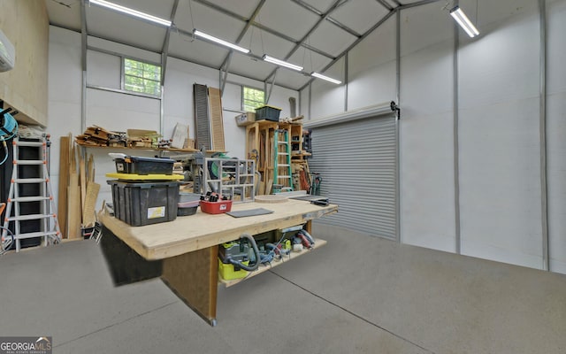 garage with a workshop area
