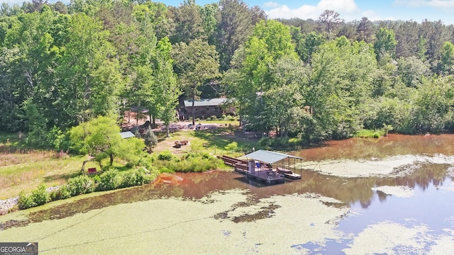 aerial view of a nearby body of water and a forest