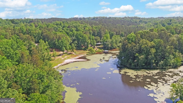 drone / aerial view of a heavily wooded area and a nearby body of water