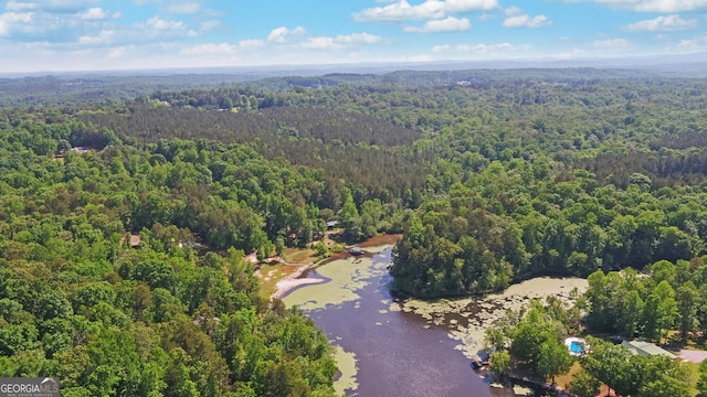 drone / aerial view of a heavily wooded area and a nearby body of water