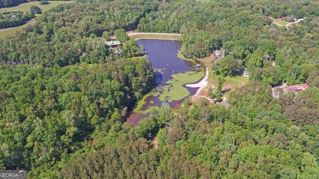 aerial view of property and surrounding area with a heavily wooded area and a nearby body of water