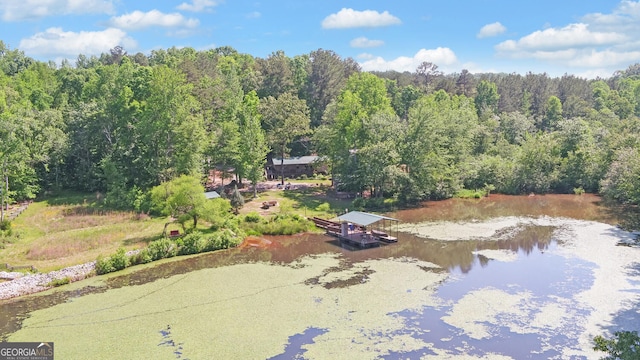 view from above of property with a forest and a large body of water