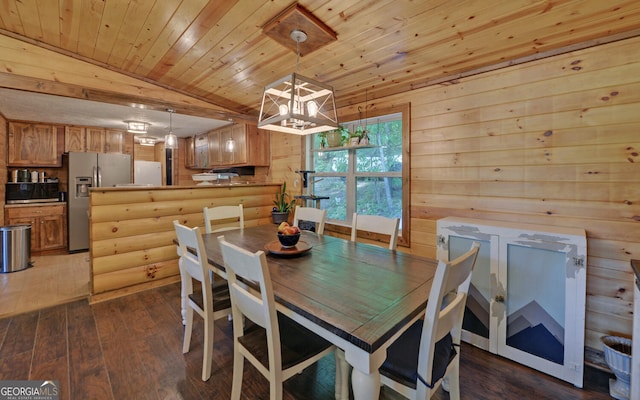 dining space featuring dark wood-style flooring, wooden ceiling, vaulted ceiling, wooden walls, and a chandelier