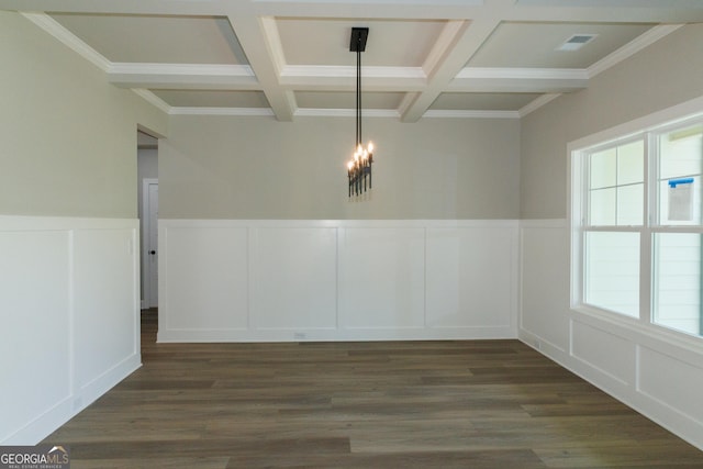 214 Wet Wood Ct Unit 26, Fairburn, GA 30213 - unfurnished dining area with a decorative wall, coffered ceiling, beamed ceiling, a chandelier, and dark wood-type flooring