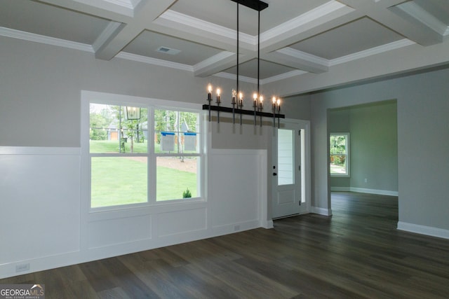 214 Wet Wood Ct Unit 26, Fairburn, GA 30213 - unfurnished dining area featuring coffered ceiling, a chandelier, dark wood-type flooring, beamed ceiling, and plenty of natural light