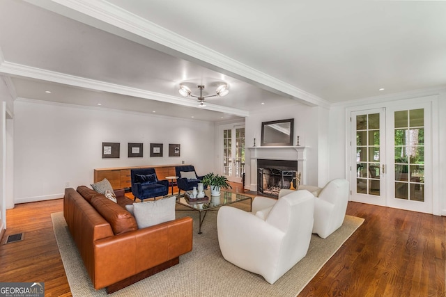 130 River Lndg NE, Sandy Springs, GA 30350 - living area featuring wood finished floors, a fireplace, ornamental molding, recessed lighting, and french doors