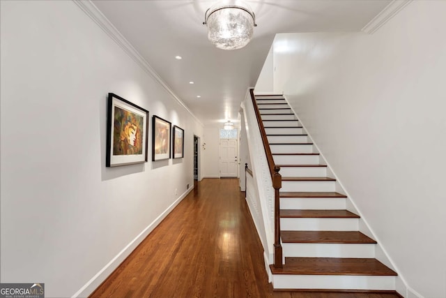 130 River Lndg NE, Sandy Springs, GA 30350 - stairway with crown molding, baseboards, wood finished floors, recessed lighting, and a chandelier