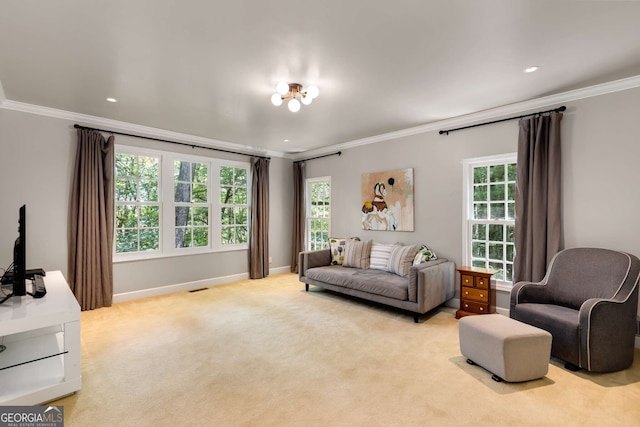 130 River Lndg NE, Sandy Springs, GA 30350 - living room featuring crown molding, light colored carpet, plenty of natural light, baseboards, and recessed lighting