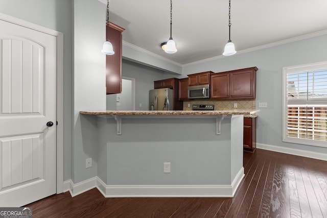 4633 Hidden Creek Dr, Gainesville, GA 30504 - kitchen featuring stainless steel appliances, a breakfast bar area, crown molding, pendant lighting, and light stone countertops
