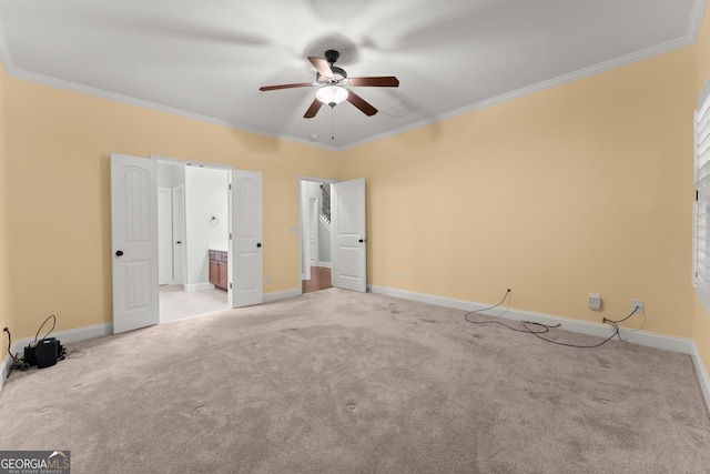 4633 Hidden Creek Dr, Gainesville, GA 30504 - unfurnished bedroom featuring ornamental molding, light colored carpet, baseboards, ensuite bathroom, and ceiling fan