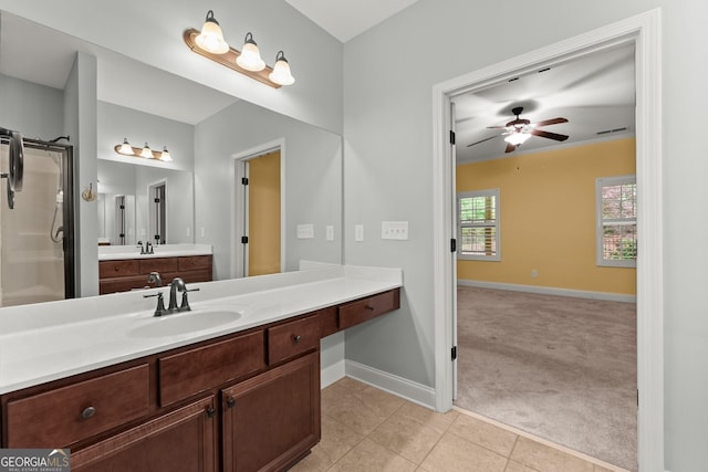 4633 Hidden Creek Dr, Gainesville, GA 30504 - full bath featuring a ceiling fan, vanity, baseboards, and tile patterned flooring