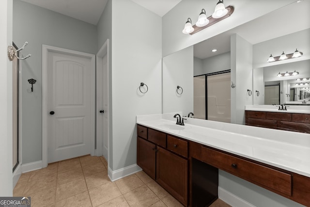 4633 Hidden Creek Dr, Gainesville, GA 30504 - bathroom featuring a stall shower, baseboards, vanity, and tile patterned flooring