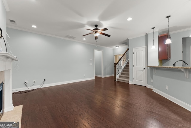 4633 Hidden Creek Dr, Gainesville, GA 30504 - unfurnished living room featuring ceiling fan, a fireplace with flush hearth, recessed lighting, stairway, and wood finished floors