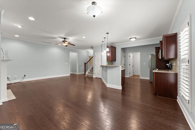 4633 Hidden Creek Dr, Gainesville, GA 30504 - unfurnished living room with ceiling fan, stairway, recessed lighting, ornamental molding, and baseboards