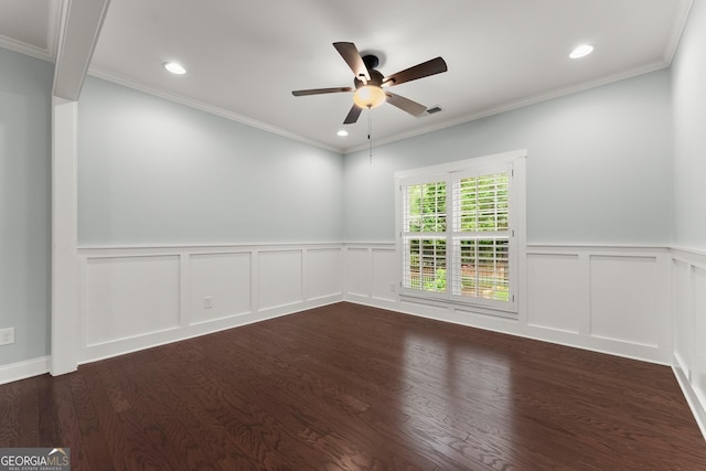 4633 Hidden Creek Dr, Gainesville, GA 30504 - empty room featuring ceiling fan, dark wood finished floors, a decorative wall, a wainscoted wall, and recessed lighting