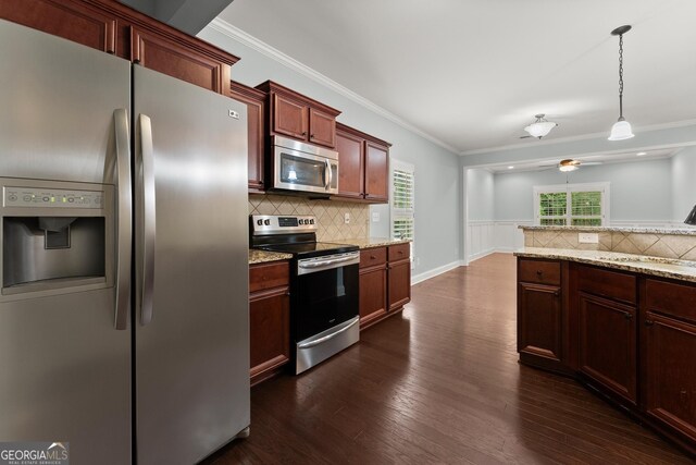 4633 Hidden Creek Dr, Gainesville, GA 30504 - kitchen with stainless steel appliances, dark wood-style flooring, backsplash, a ceiling fan, and ornamental molding