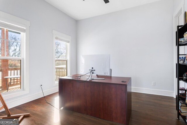 569 Hope St SW, Atlanta, GA 30310 - office space with ceiling fan, dark wood-style floors, plenty of natural light, and baseboards