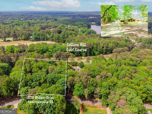 2228 Walker Dr, Lawrenceville, GA 30043 - aerial view of property and surrounding area with a heavily wooded area and property parcel outlined