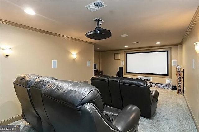 home theater featuring ornamental molding, carpet flooring, recessed lighting, and baseboards