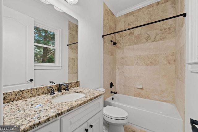 8745 Islesworth Ct, Duluth, GA 30097 - full bathroom with vanity, toilet, shower / washtub combination, and ornamental molding