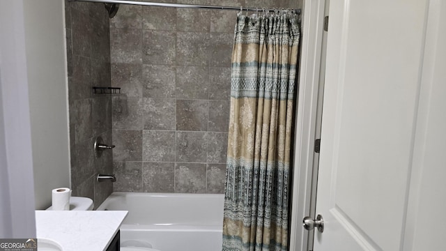 605 Lanshire Dr, Alpharetta, GA 30004 - bathroom featuring vanity, shower / tub combo with curtain, and toilet