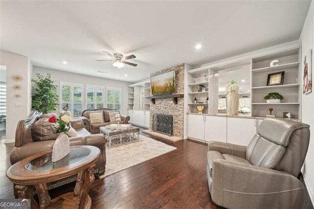 130 W Pier Way, Fayetteville, GA 30214 - living area featuring ceiling fan, a stone fireplace, dark wood-type flooring, and recessed lighting