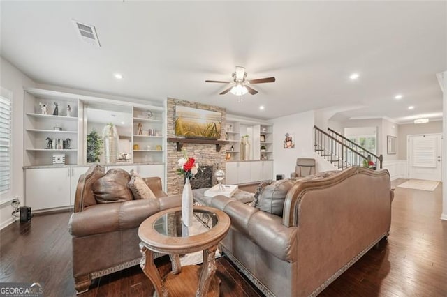 130 W Pier Way, Fayetteville, GA 30214 - living area with ceiling fan, dark wood-style flooring, stairway, recessed lighting, and built in shelves