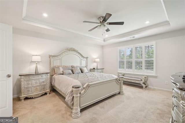 130 W Pier Way, Fayetteville, GA 30214 - bedroom with a raised ceiling, light colored carpet, recessed lighting, baseboards, and a ceiling fan