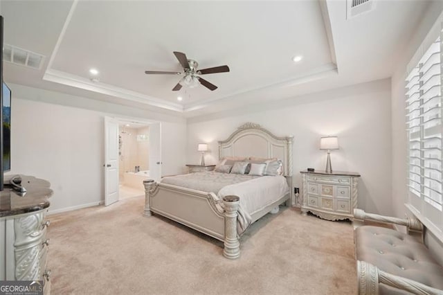 130 W Pier Way, Fayetteville, GA 30214 - carpeted bedroom with a raised ceiling, recessed lighting, baseboards, connected bathroom, and a ceiling fan