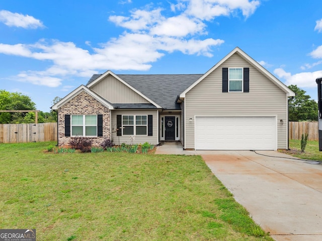 view of front facade featuring an attached garage, driveway, brick siding, board and batten siding, and a shingled roof