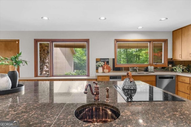 kitchen with dishwasher, a sink, black electric stovetop, plenty of natural light, and recessed lighting