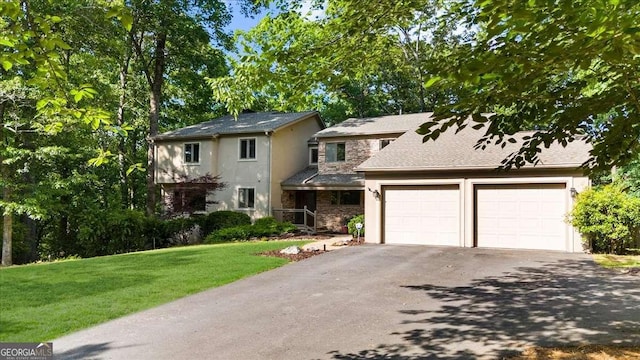 view of front of house featuring driveway, a garage, a front lawn, stucco siding, and stone siding