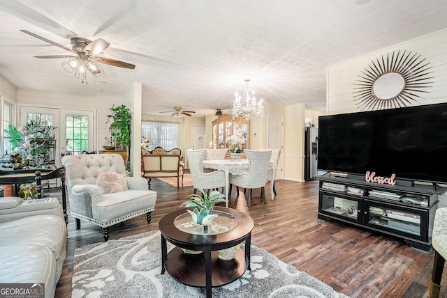 375 Buckwood Trl, Cornelia, GA 30531 - living room featuring ceiling fan, a chandelier, wood finished floors, and a textured ceiling