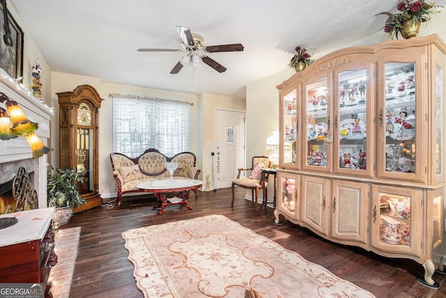 375 Buckwood Trl, Cornelia, GA 30531 - living area featuring a ceiling fan, dark wood-style floors, and a lit fireplace