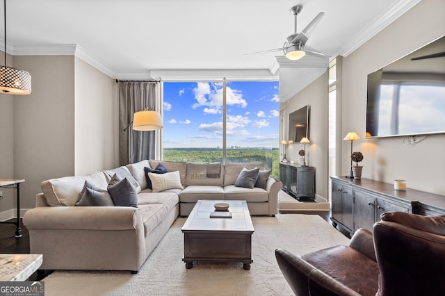 3630 Peachtree Rd NE Unit 1909, Atlanta, GA 30326 - living area featuring crown molding, ceiling fan, and plenty of natural light