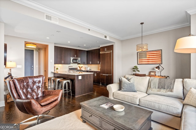 3630 Peachtree Rd NE Unit 1909, Atlanta, GA 30326 - living area with dark wood-style floors, recessed lighting, and ornamental molding