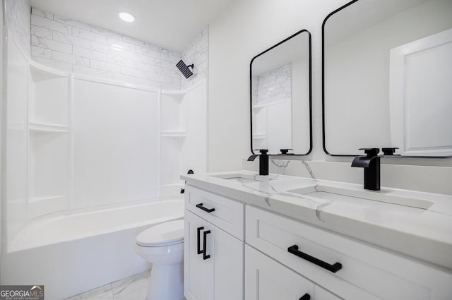 180 Oliver Dr, Locust Grove, GA 30248 - full bathroom with toilet, bathtub / shower combination, double vanity, marble look tiles, and recessed lighting
